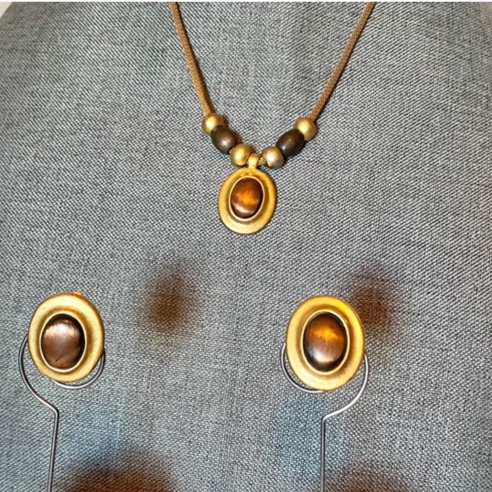 Vintage 80s Jewelry Set | Gold-tone & Copper Pendant + Earrings|Boho| Streetwear - Picture 2 of 5